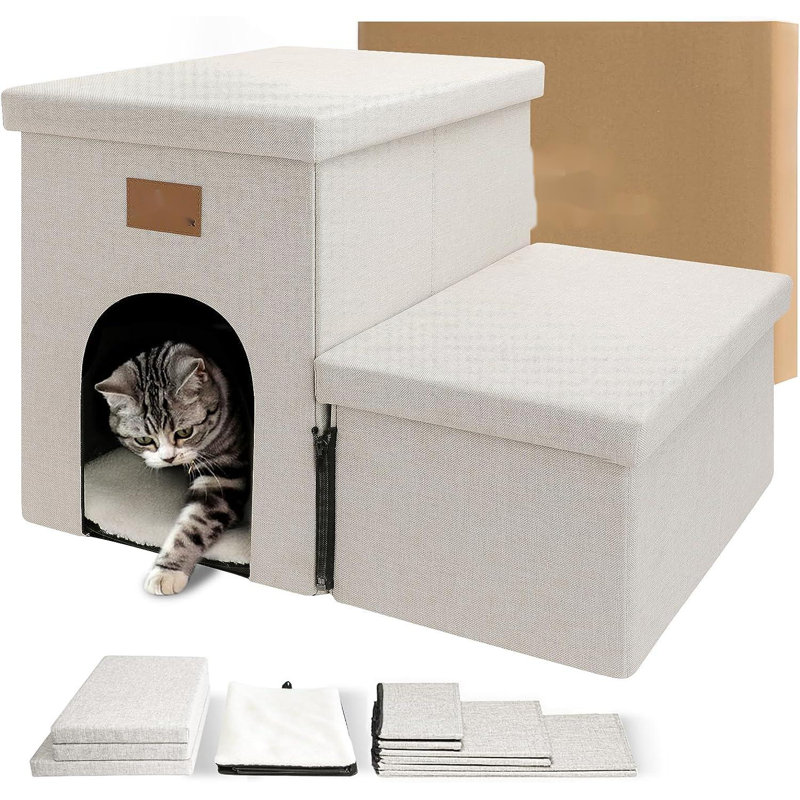 Tucker Murphy Pet Dog Stairs Dog Steps For High Beds Foldable Pet Stairs For Small Dogs Puppy Dog With Storage For Bed And Couch Hold Up To 150 Lbs Beige Gray 2